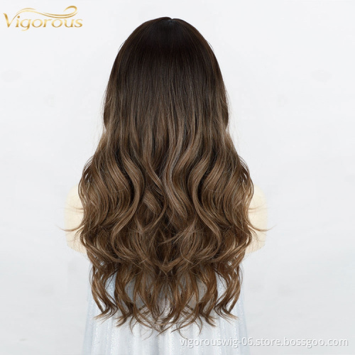 Vigorous Cheap Price Curly Mono Brown Body Wave Hair Heat Resistant Fiber For Women Synthetic Wig With Neat Bang